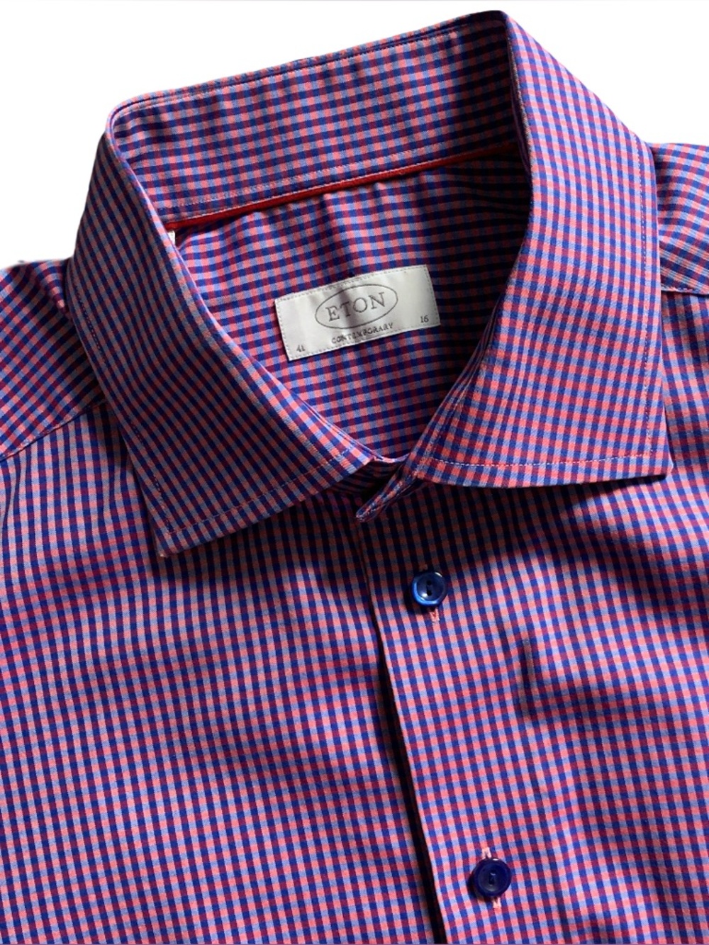Eton Micro Check Contemporary Fit Purple Button Up Long Sleeve Shirt Size 16